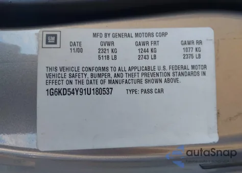 2001 Cadillac Deville z USA, uszkodzony, nr VIN 1G6KB54Y91U180537